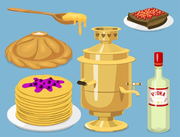 Cozinha tradicional russa prato de cultura prato comida bem-vindo à Rússia gourmet refeição nacional vetor ilustração — Vetor de Stock