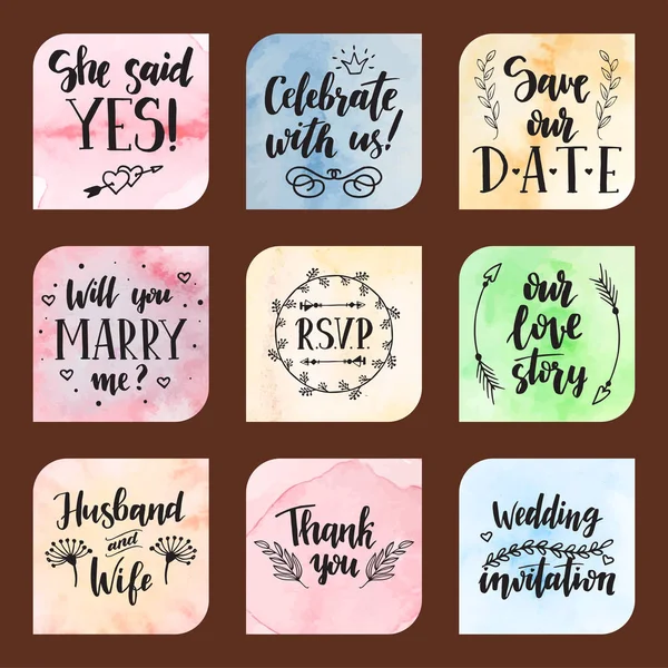 Día de la boda propuesta de matrimonio frases texto letras invitación tarjetas caligrafía mano dibujado saludo amor etiqueta romántico vector ilustración . — Vector de stock