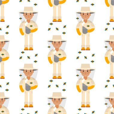 Çiftçi arıcı karakter forester adam Dikişsiz desen arka plan tarım meslek kırsal bahçıvan çalışan Tarım insanların illüstrasyon vektör.