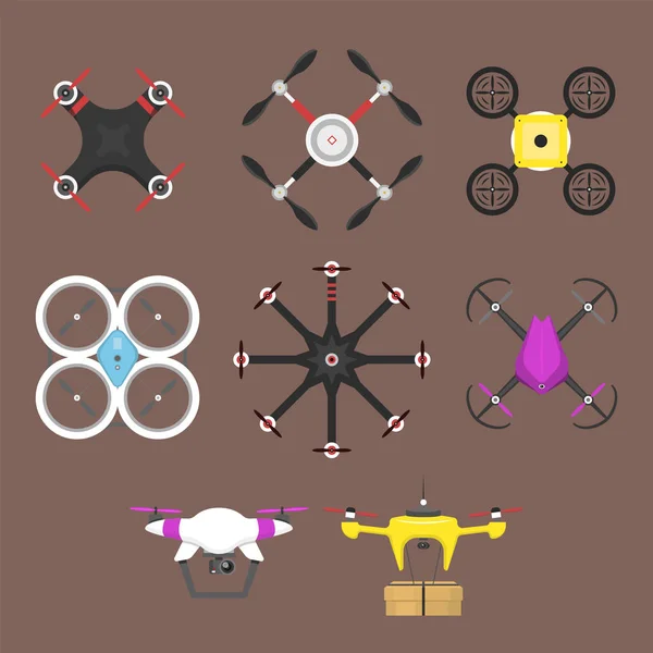 Vector illustration aerial vehicle drone quadcopter surveillance air hovering wireless tool remote control fly camera. — Stock Vector