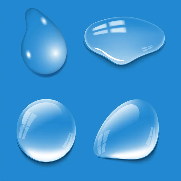 Reális tiszta és átlátható vízcseppek beállítása vektoros illusztráció nedves, könnyű, absztrakt makró friss buborék. — Stock Vector