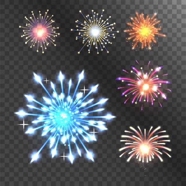 Fogos de artifício vetor ilustração celebração feriado evento noite explosão luz festa festiva —  Vetores de Stock