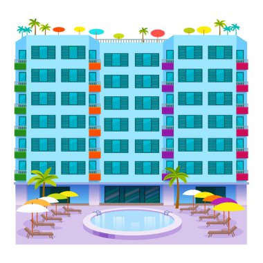 Otel binaları turistik seyahat etmek tatil zaman daire Kentsel şehir cephe vektör çizim yerleştirir.