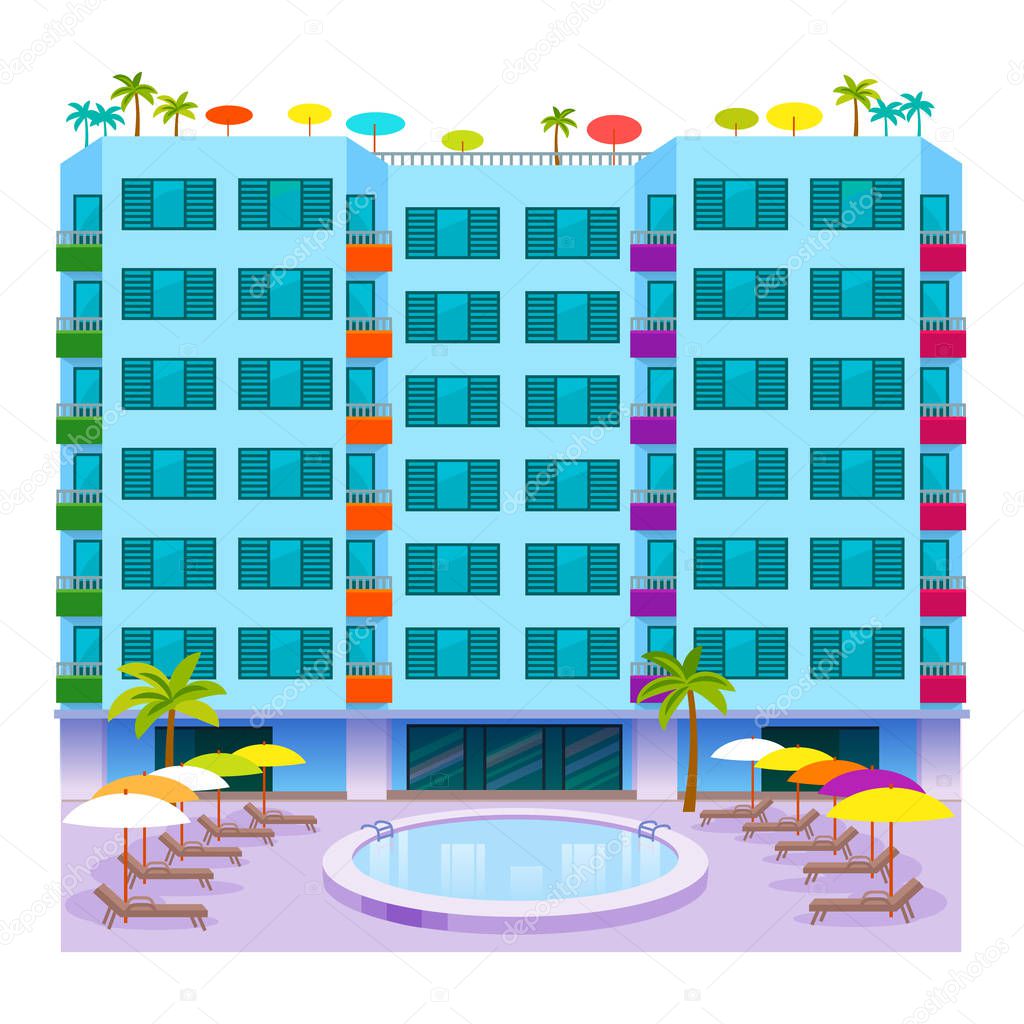 Hotels buildings tourist travelers places vacation time apartment urban town facade vector illustration.