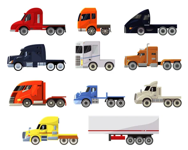 Ημιρυμουλκούμενο φορτηγό διάνυσμα μεταφοράς οχημάτων παράδοση φορτίων αποστολή εικονογράφηση μεταφορά σετ φορτηγών φορτηγών φορτηγά φορτηγά μεταφορά απομονωμένου σε λευκό φόντο — Διανυσματικό Αρχείο