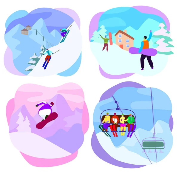 Skidanläggning vektor aktiva personer tecken skidåkning, snowboard i backar. Illustration uppsättning av extrem man, kvinna lyfta tillsammans på vintern semester isolerad på vit bakgrund — Stock vektor