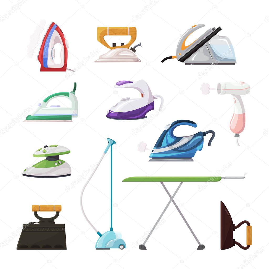Iron vector ironing electric household appliance steamer of laundry housework illustration irony housekeeping set of hot irony steam equipment isolated on white background