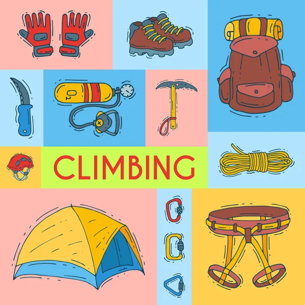 Bergbeklimmen, alpinisme en bergbeklimmen vector illustratie. Wandeluitrusting cartoon symbolen poster of kaart voor uitnodiging. Pictogrammen van wandelaars avonturen — Stockvector