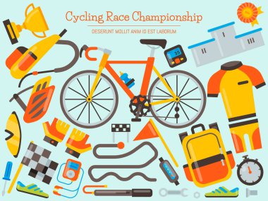 Bisiklet üniforması ve spor aksesuarları afiş vektör illüstrasyonu. Bisiklet etkinliği, bisiklet aksesuarı ve spor ekipmanları, iniş sayfaları için yarışmalar.