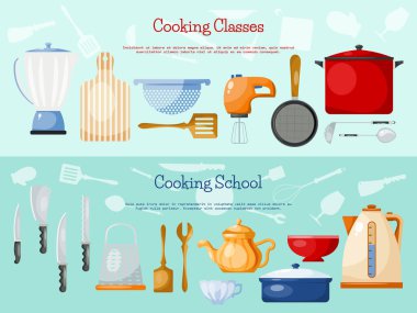 Mutfak aletleri ve yemek pişirme sancakları vektör illüstrasyonları. Mutfak malzemeleri yemek, cam, porselen ve diş mineleri için. Web afişi, aşçılık kursları için çizgi film tarzı çatal.