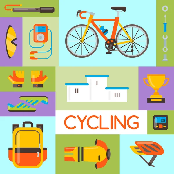 Bicicleta uniforme y accesorios deportivos ilustración vectorial. Actividad en bicicleta, equipo de ciclismo y accesorios deportivos. Carteles, folletos o plantillas de tarjetas de invitación — Vector de stock