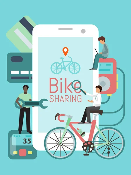 Bicicletas sistema compartido teléfonos aplicación vector ilustración. Servicio de alquiler de bicicletas en la ciudad. Gran teléfono móvil con aplicación para compartir bicicletas. Reparación, pago en línea . — Vector de stock