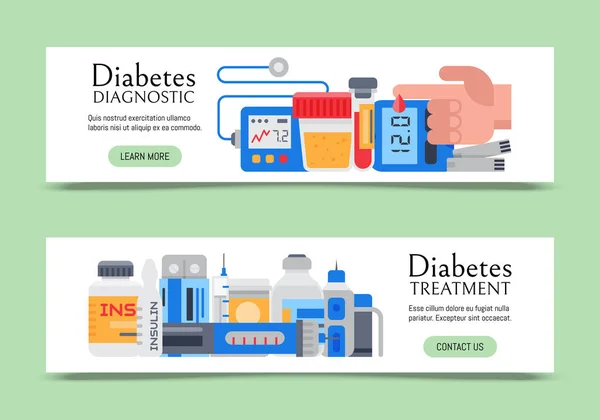 Diabetes mellitus cuidado web banners vector ilustración. El doctor se preocupa por los diabéticos. Niveles de azúcar e insulina, vida saludable para la salud. Para sitios web y landing pages — Vector de stock