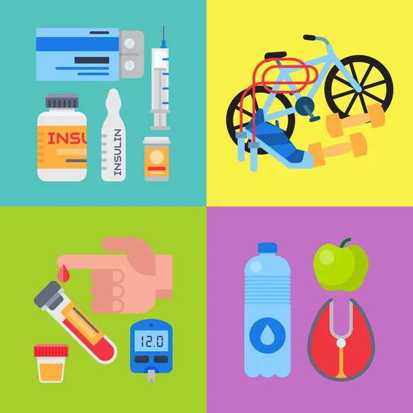 Diabetes mellitus zorg banner set vector illustratie. De dokter geeft om diabetici. Suiker en insuline, gezond leven voor de gezondheid. Voor posters, spandoeken en kaarten — Stockvector