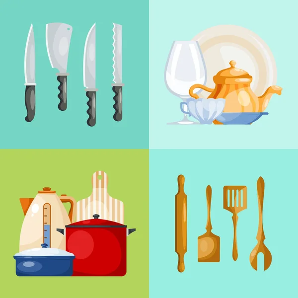 Küchenutensilien und Werkzeuge Web-Banner Vektor Illustration. Geschirr zum Kochen von Lebensmitteln aus Glas, Porzellan und Emaille. Cartoon-Stil Utensil-Set von Karten. — Stockvektor