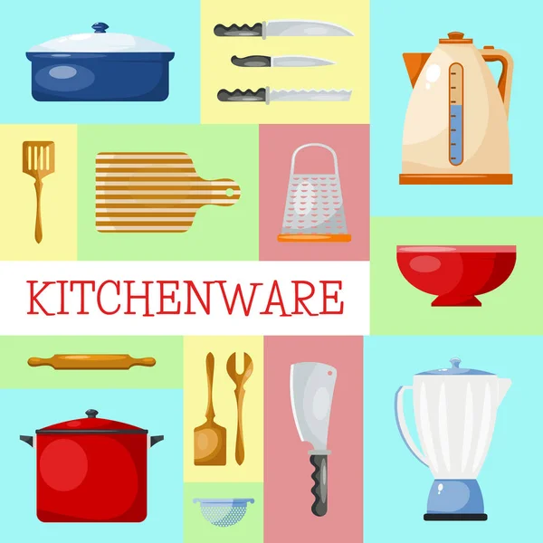 Kuchyňské potřeby a nástroje web banner vektorové ilustrace. Kuchyňské pro vaření potravin ze skla, porcelánu a smaltu. Sada karet v karikaturním stylu. — Stockový vektor