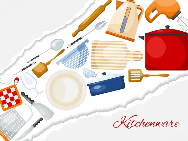 Keukengerei en kookbanner vector illustratie. Keukengerei voor koken, glas, porselein en emaille. Cartoon stijl gebruiksvoorwerp voor webbanners, sites — Stockvector