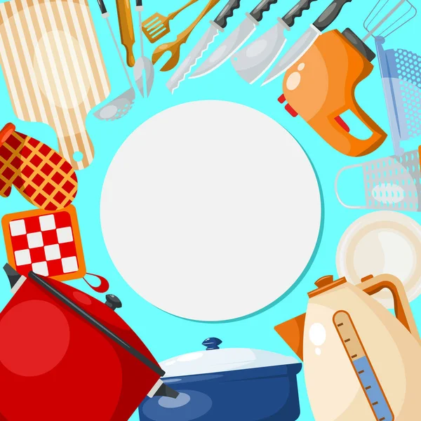 Кухонная утварь и инструменты круглой векторной иллюстрации. Кухонные принадлежности для приготовления пищи, стекла, фарфора и эмали, расположенные вокруг места для текста . — стоковый вектор