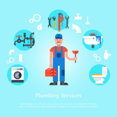 Tesisat hizmetleri web pankartı vektör illüstrasyonu. Profesyonel tesisatçı alet çantası ve pompasıyla etrafı lavabo, musluk ve borularla, tuvalet ve çamaşır makinesiyle çevrili..
