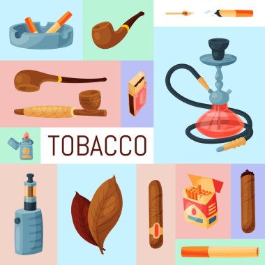 Tütün, puro ve nargile vektör çizimi. Puro, sigara ve tütün yaprakları, pipo, kül tablası ve çakmak. Sigara içilen aksesuarlar
