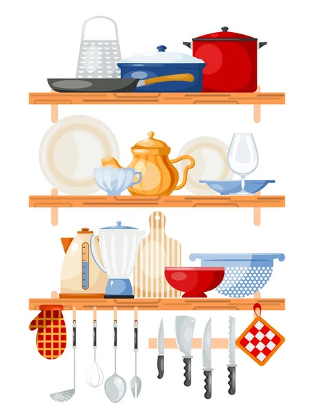 Kitchen tools on shelves vector illustration. Wooden shelf with kitchenware for cooking. Glass, porcelain and enamelware — Stock Vector