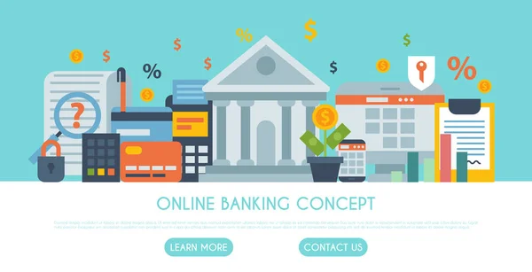Online bankovnictví, platby nebo nakupování vektorové ilustrace. Webový banner on-line plateb a převodů, bankovních fondů a šablony obchodních transakcí pro přistávací stránky — Stockový vektor