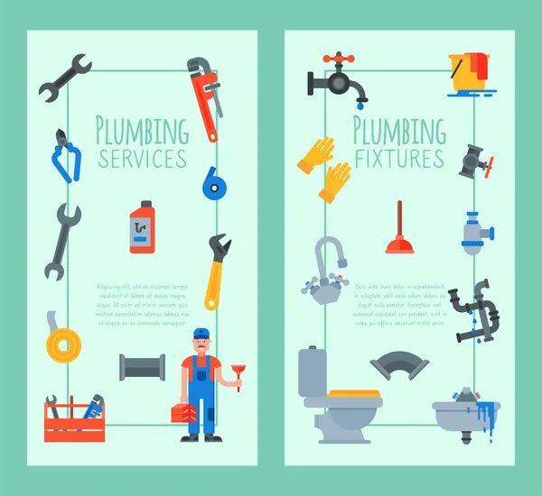 Bannières verticales d'outils de plomberie, luminaires et services illustration vectorielle. Plombier avec piston et appareils de réparation de valise . — Image vectorielle