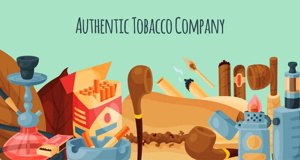 Tabaco, charuto e narguilé banner ilustração vetorial. Charutos, cigarros e folhas de tabaco, canos, cinzeiros e isqueiros. Acessórios para fumar — Vetor de Stock