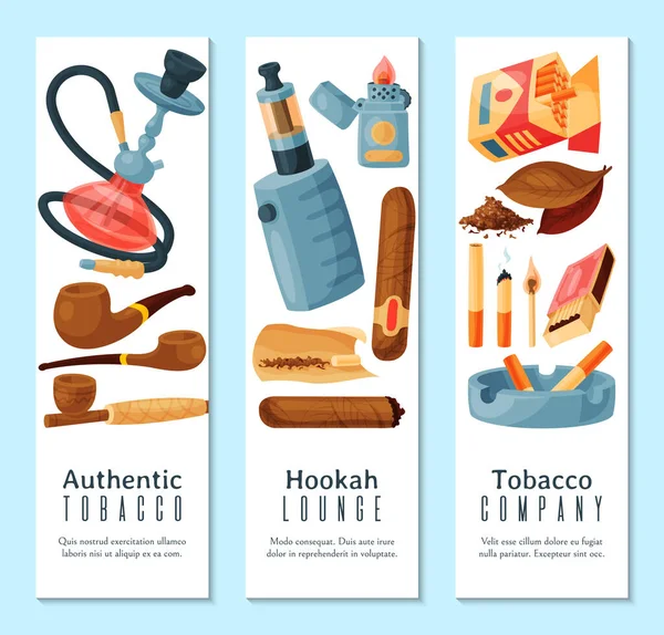 Cigar, tobak och hookah banner vektor illustration. Tobaksblad, cigarrer och cigaretter, pipor, askfat och tändare. Samling av röktillbehör. — Stock vektor