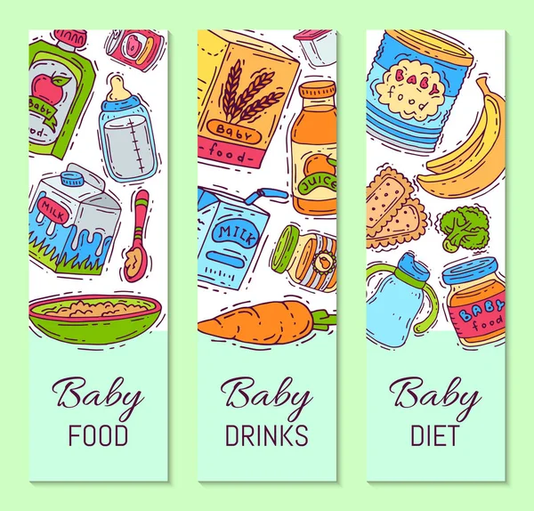 Fórmula de alimentos para bebês pura ilustração vetorial. Nutrição para crianças. Bebês garrafas e alimentação. Modelos de produtos de primeira refeição para folhetos verticais — Vetor de Stock