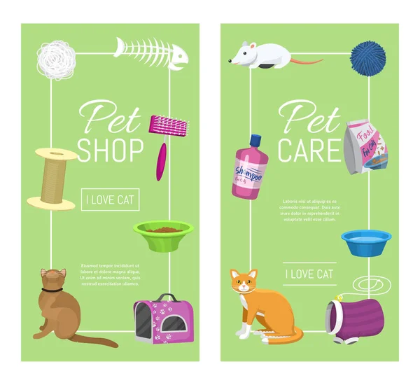 Pet care supplies vector illustration. Animal cares, cats feeding and