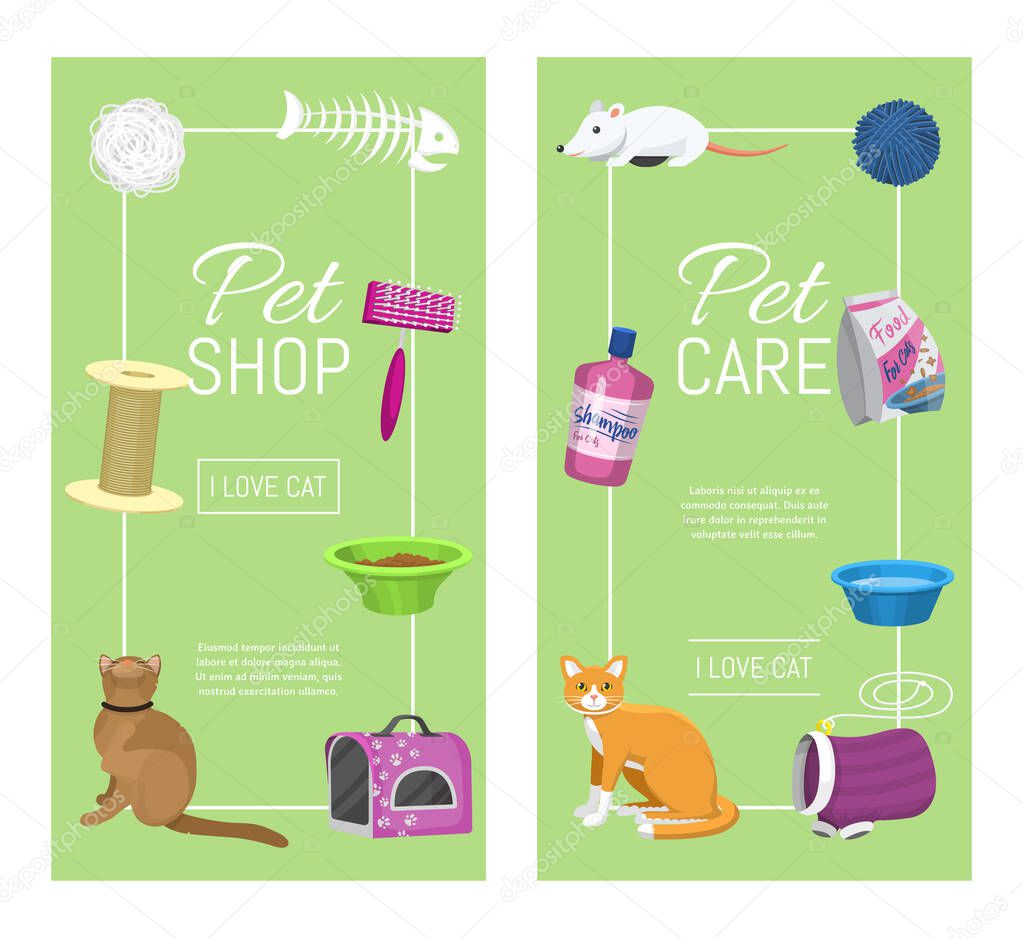 Pet care supplies vector illustration. Animal cares, cats feeding and pets walking. Vertical banners templates. Cat accessories and equipment