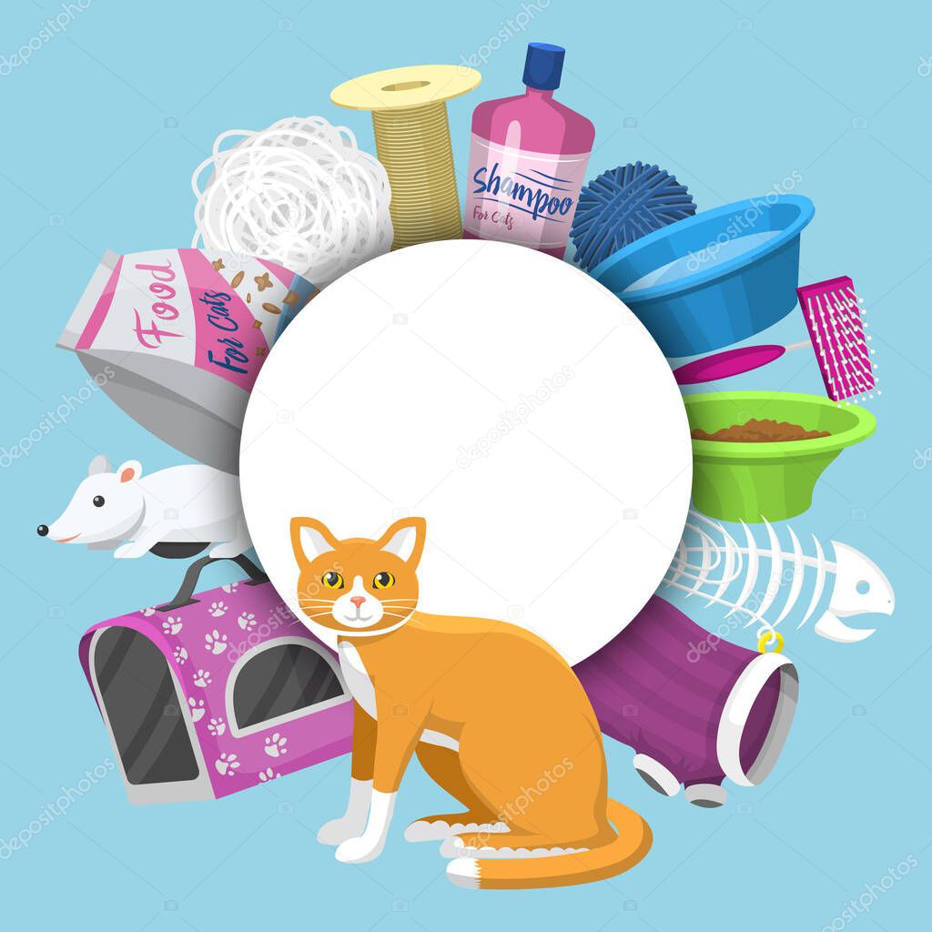Pet care supplies vector illustration. Animal cares, food and toys for cat, toilet, carrier and equipment for grooming pets located around place for text.