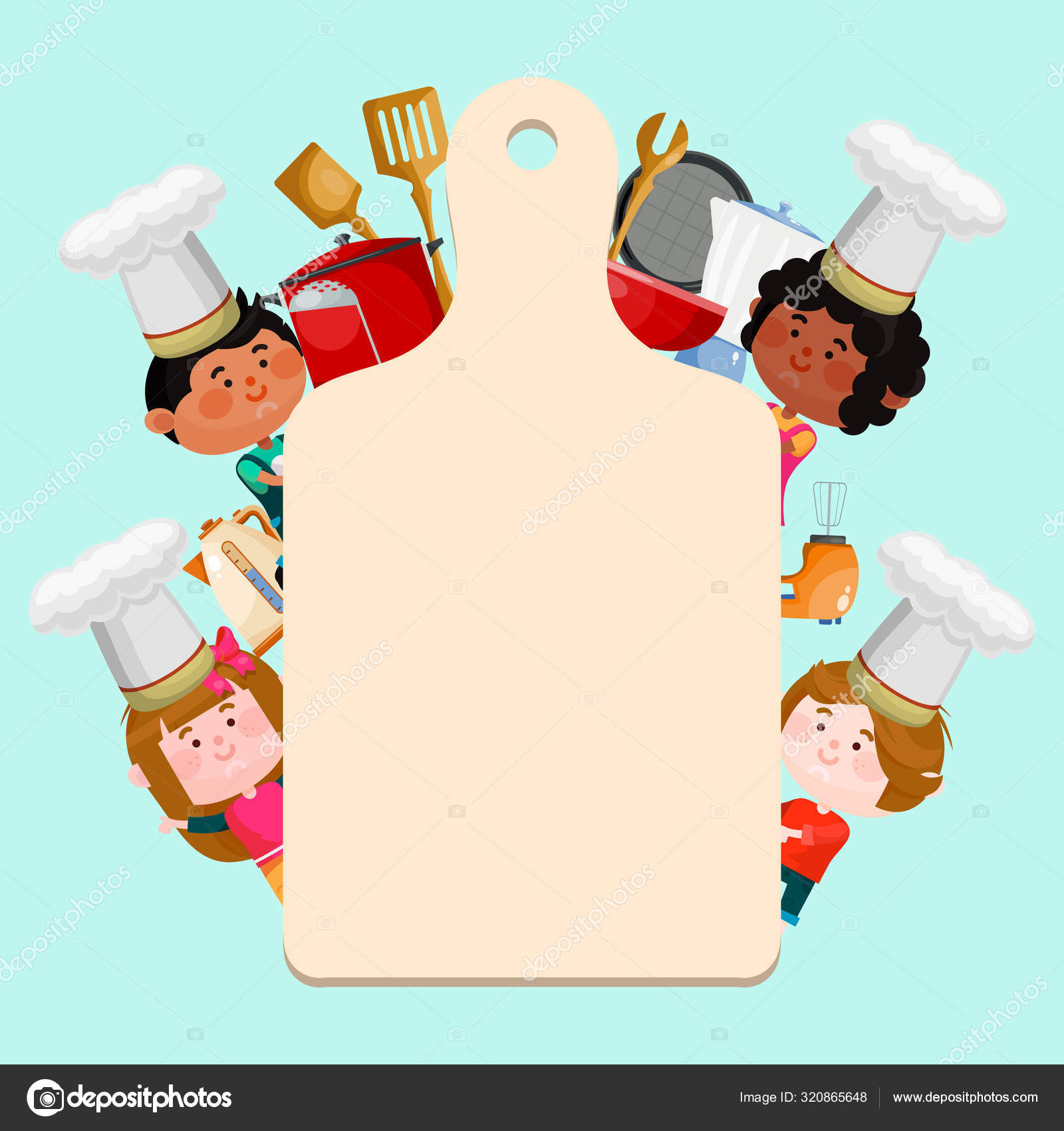 Kuchaři děti vaření třídy šablony vektorové ilustrace. Cartoon postavy děti  v kloboucích s prázdnou tabulí pro text. Šablony pozadí malých šéfkuchařů  pro menu nebo nápis Stock Vector od © vectordreamsmachine 320865648