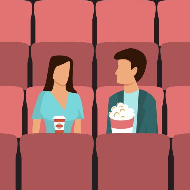 Genç bir çift sinemada oturup film izliyor. Sinematograf vektör illüstrasyonunda kız ve erkek patlamış mısır..