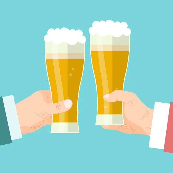 Businessmen beer toast vector illustration. Beery foam cheers celebration. Businessmens hands holding glass mugs of foamy drink — Stock Vector