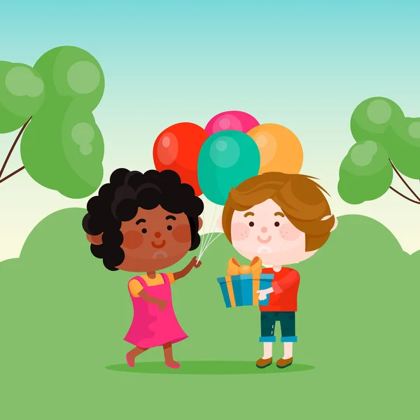 Lilla pojken ger flickan en födelsedagspresent. Le b med låda och liten flicka håller ballonger vektor illustration. — Stock vektor