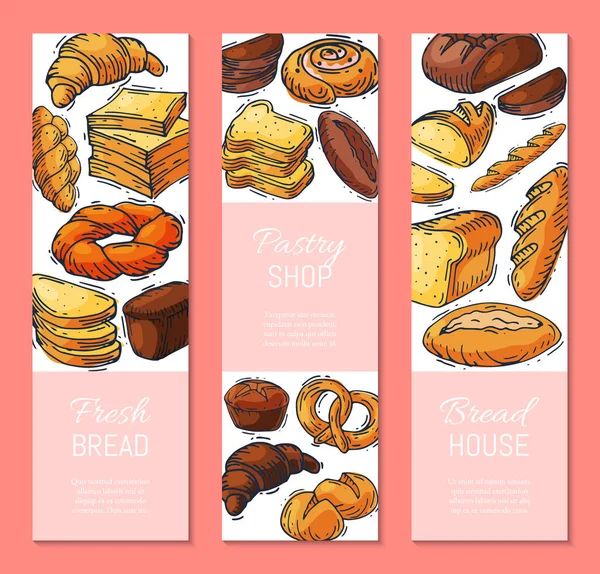 Verse brood brood brood verticale banner vector illustratie. Broodjes bakken, bagels en ciabatta. Verse volkoren banketbakkersbaguette, croissant en broodkruimel voor ontbijt in de bakkerij. — Stockvector