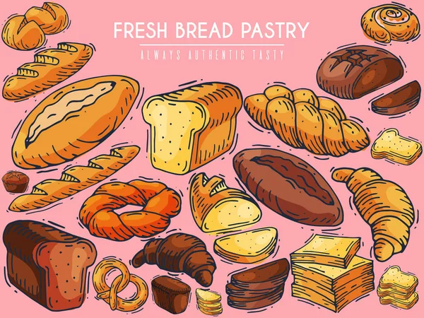 Verse brooddeeg banner vector illustratie. Broodjes bakken, bagels en ciabatta. Verse volkoren stokbrood, croissant en broodkruimel voor ontbijt in de bakkerij. — Stockvector
