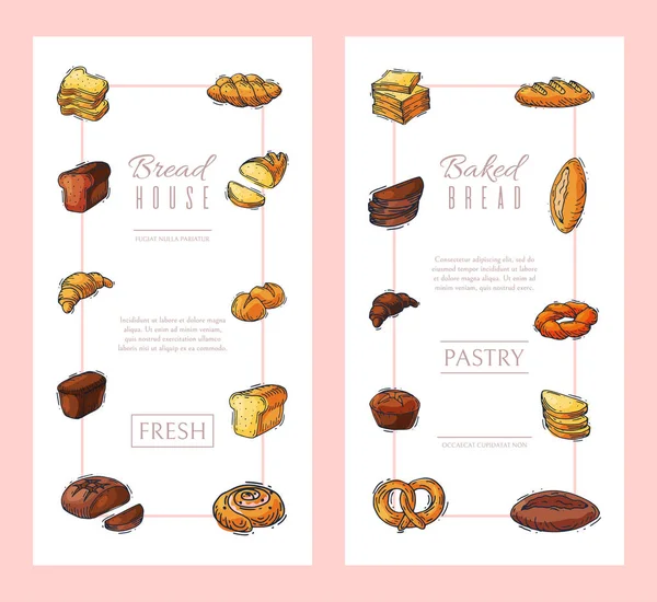 Verse brood brood brood verticale banner vector illustratie. Broodjes bakken, bagels en ciabatta. Gehele graandeeg stokbrood, croissant en broodkruimel voor ontbijt in de bakkerij. — Stockvector