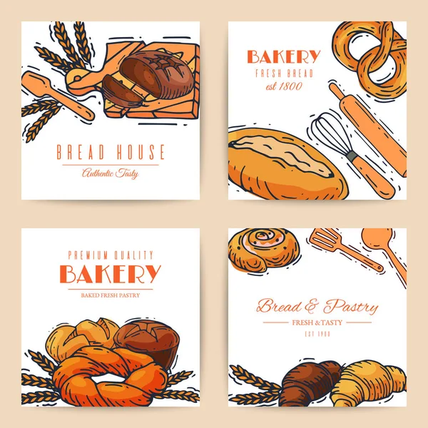 Pan pan fresco pancartas vector ilustración. Hornear panes, rosquillas y ciabatta. Pastelería integral baguette, croissant y pan rallado para el desayuno en panadería . — Vector de stock