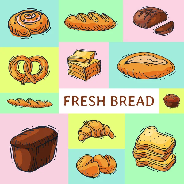 Pan pan fresco pancarta vector ilustración. Hornear panes, rosquillas y ciabatta. Baguette de grano entero, croissant y pan rallado para el desayuno en la panadería . — Vector de stock