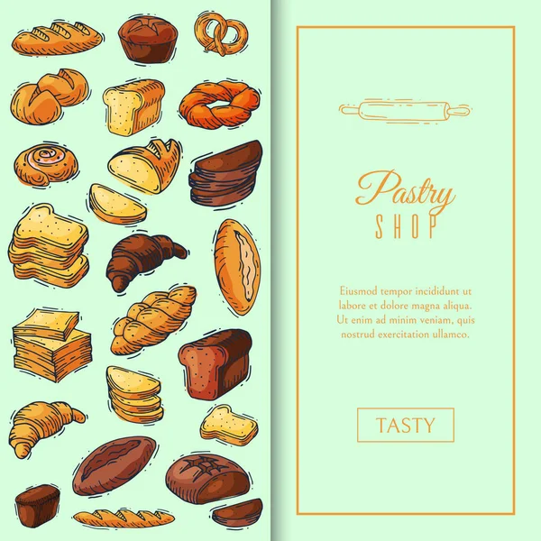 Pan fresco patrón de pan ilustración vector. Hornear panes, rosquillas y ciabatta. Pastelería fresca de grano entero baguette, croissant y pan rallado para el desayuno en la panadería . — Vector de stock