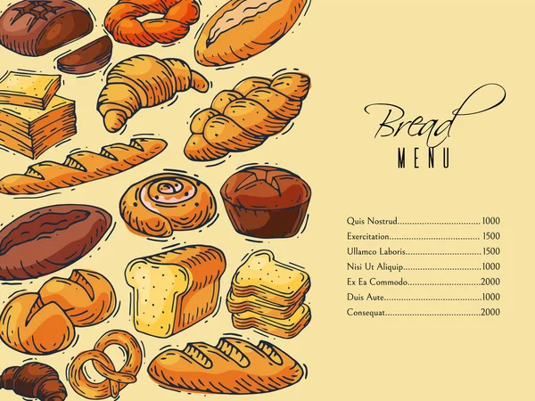 Bakkerij menu ontwerp template vector illustratie. Verse volkorenbaguette, croissant en broodkruimelontbijt in de bakkerij. Ontworpen menu voor afdruk — Stockvector