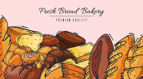 Векторная иллюстрация свежего хлебобулочного баннера. Булочки, булочки, хлебные крошки и чиабатта. Целые хлебы зерна, багет, круассан на завтрак в пекарне . — стоковый вектор