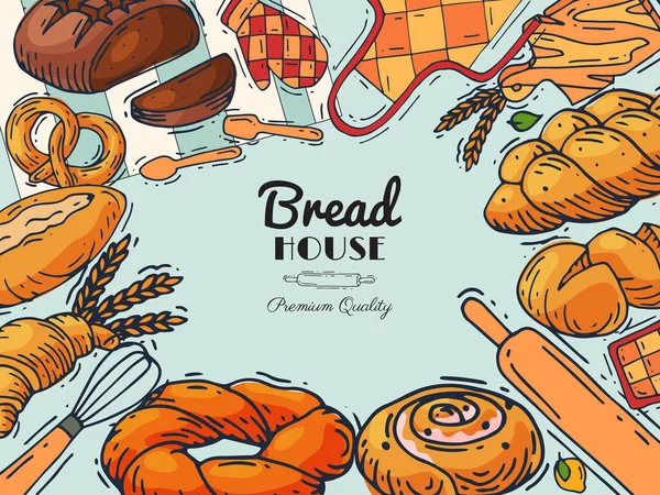 Brood huis bakkerij banner vector illustratie. Broodjes bakken, bagels en ciabatta. Verse volkoren stokbrood, croissant en broodkruimel voor het ontbijt van pastrycook. — Stockvector