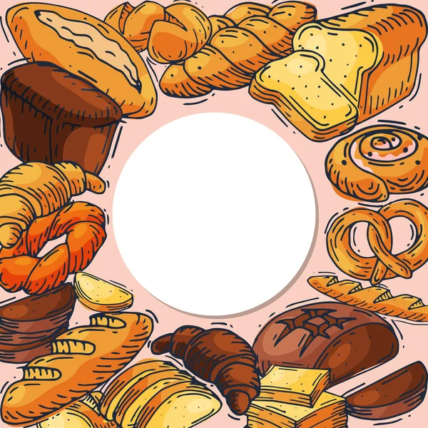 Broodbrood brood ronde set vector illustratie. Bakken broden, bagels en ciabatta collectie gelegen rond plaats voor tekst. Vers stokbrood met volle korrel, croissant en broodkruimel. — Stockvector