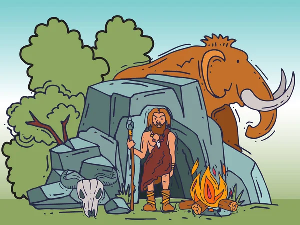 Uralter Cartoon-Höhlenmensch, der in der Nähe seiner Höhlenvektorillustration steht. historischer primitiver Bewohner, uralter Steinzeitmensch. Höhle, Mammut und Neandertaler mit Speer-Plakat — Stockvektor