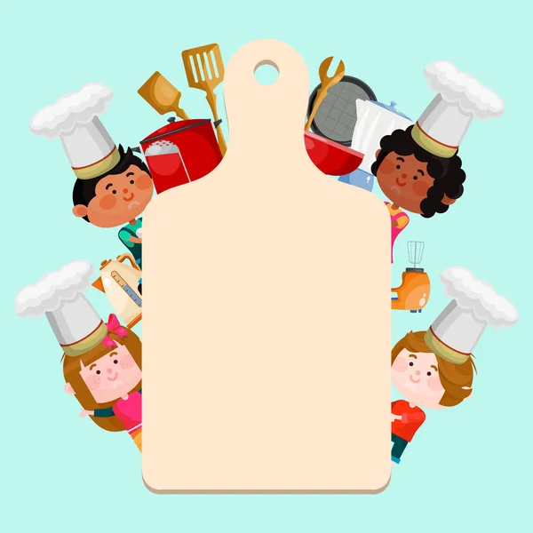 Chefs crianças aulas de culinária modelo ilustração vetorial. Personagens de desenhos animados crianças em chapéus com placa vazia para texto. Pequenos modelos de fundo de chefs para menu ou banner — Vetor de Stock