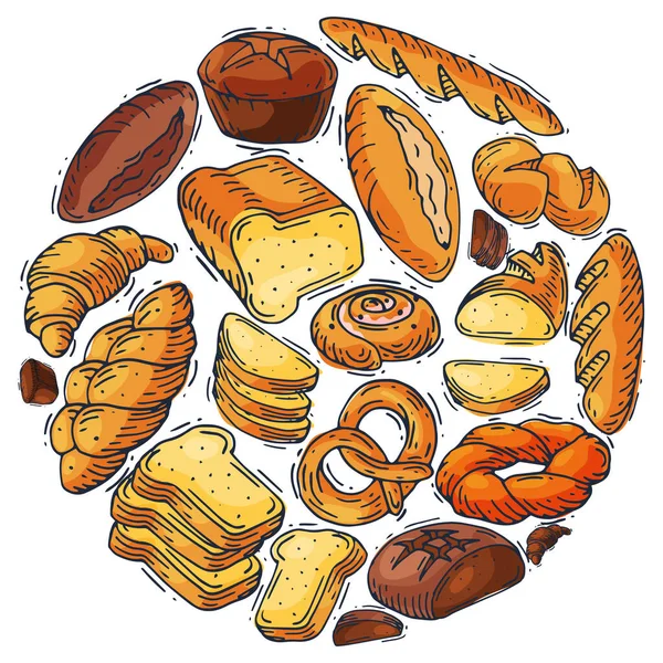 Broodbrood brood ronde set vector illustratie. Verse volkorenbaguette, croissant en broodkruimelontbijt in de bakkerij. Broodjes bakken, bagels, ciabatta — Stockvector